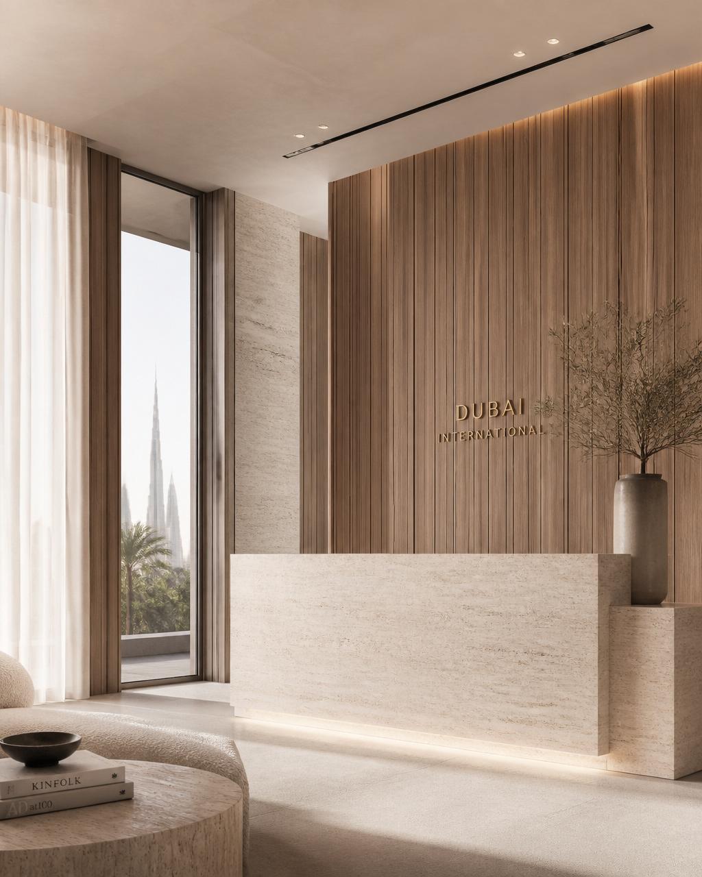Luxury reception interior — travertine, oak and soft daylight